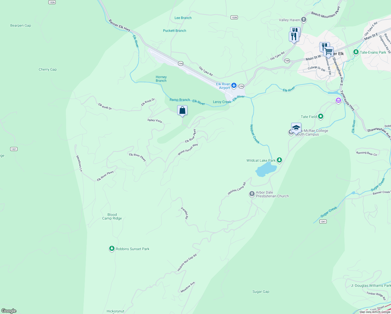map of restaurants, bars, coffee shops, grocery stores, and more near 5-87 Raven Ridge Road in Banner Elk