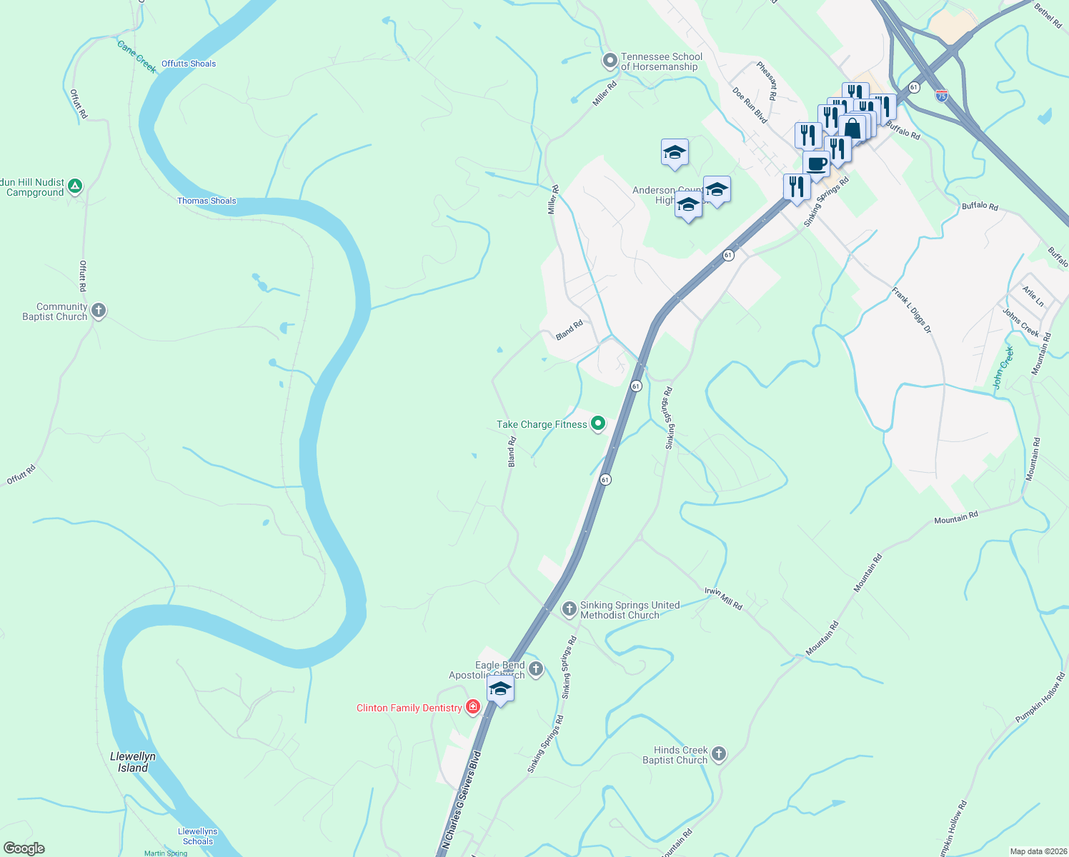 map of restaurants, bars, coffee shops, grocery stores, and more near 362 Bland Road in Clinton