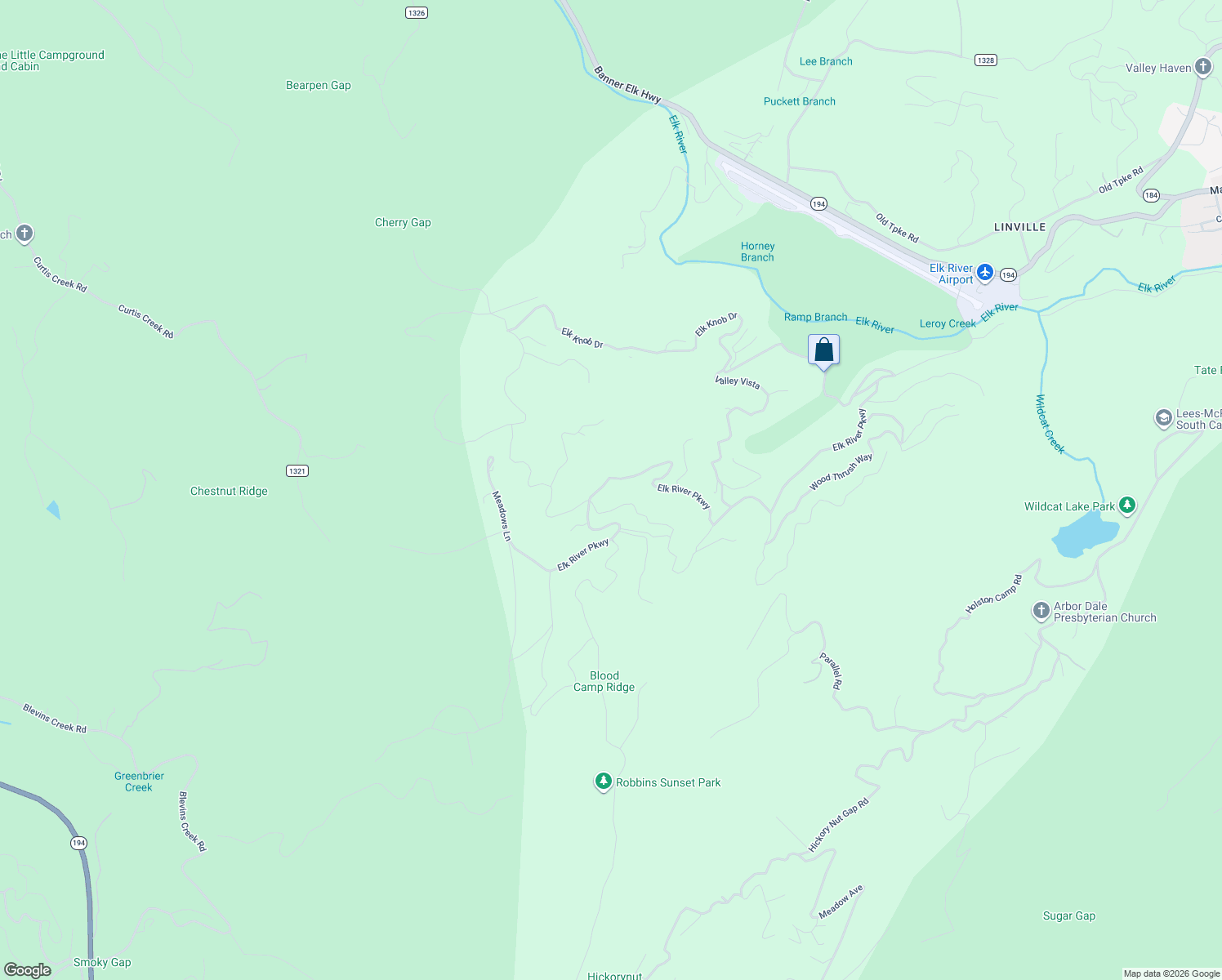 map of restaurants, bars, coffee shops, grocery stores, and more near 2072 Elk River Parkway in Elk Park