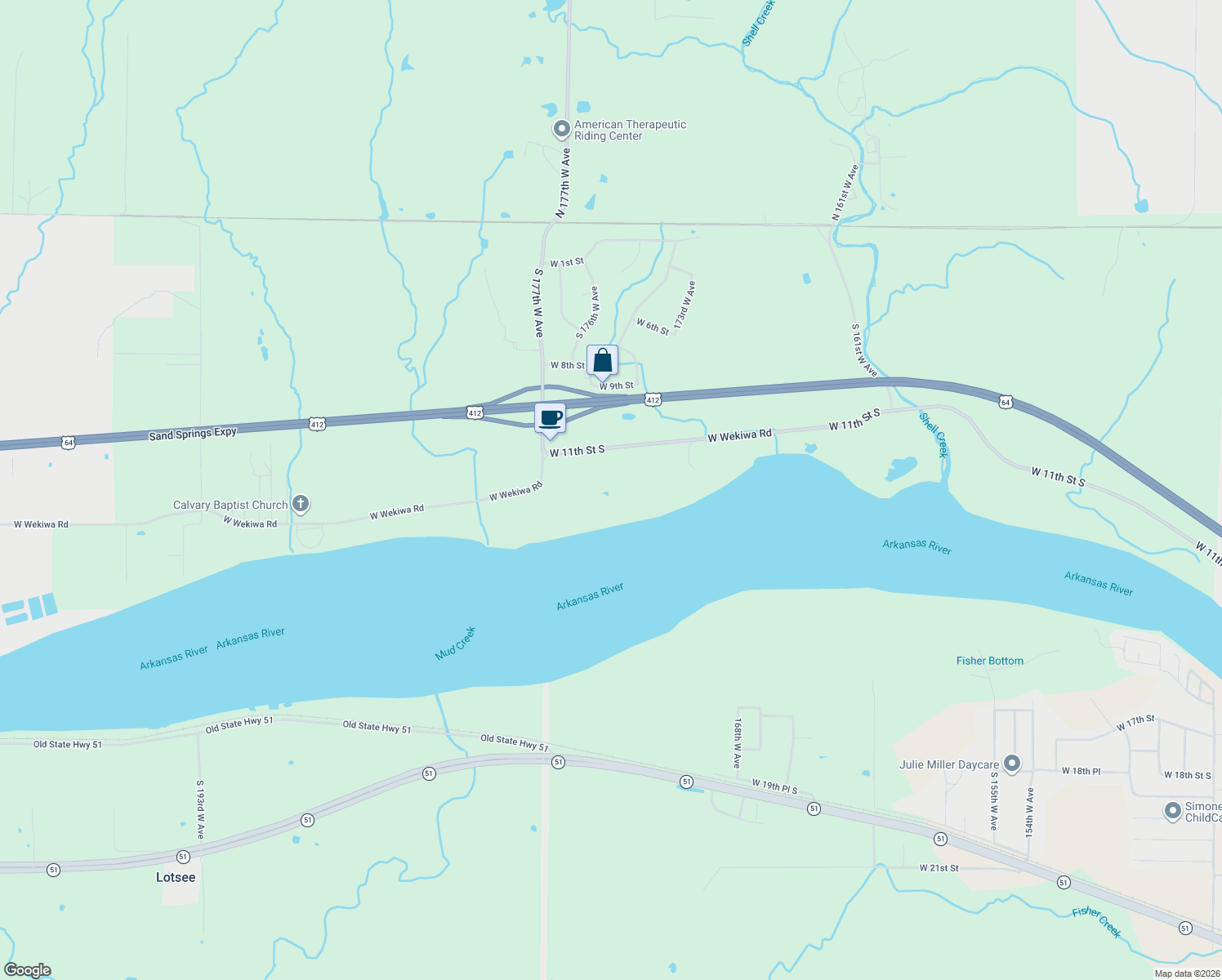 map of restaurants, bars, coffee shops, grocery stores, and more near 17306 West Wekiwa Road in Sand Springs