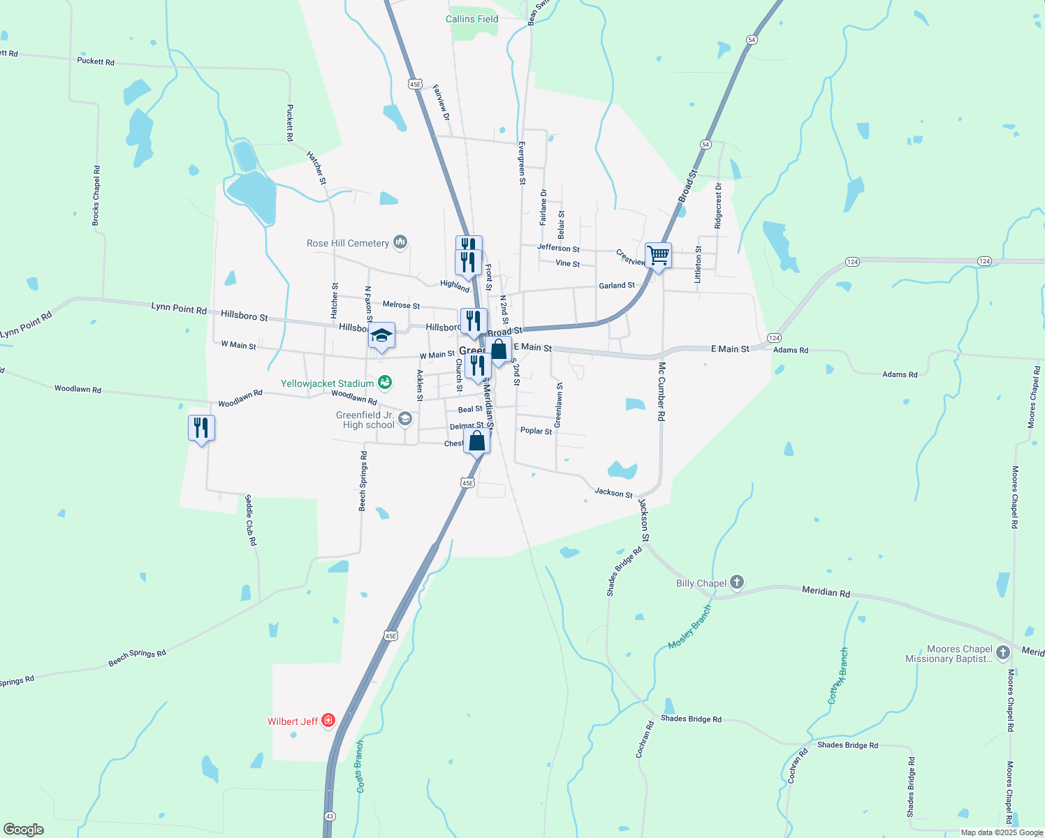 map of restaurants, bars, coffee shops, grocery stores, and more near 501 S 2nd St in Greenfield