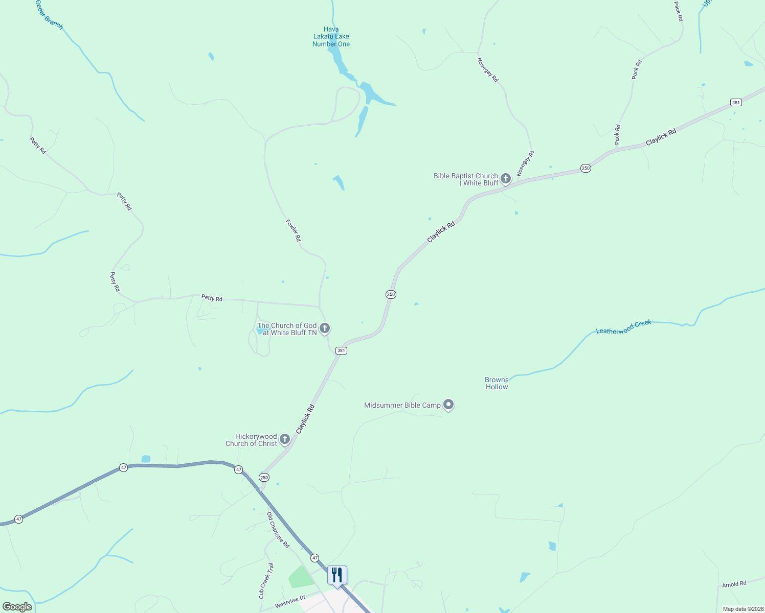 map of restaurants, bars, coffee shops, grocery stores, and more near 1151 Claylick Rd in White Bluff