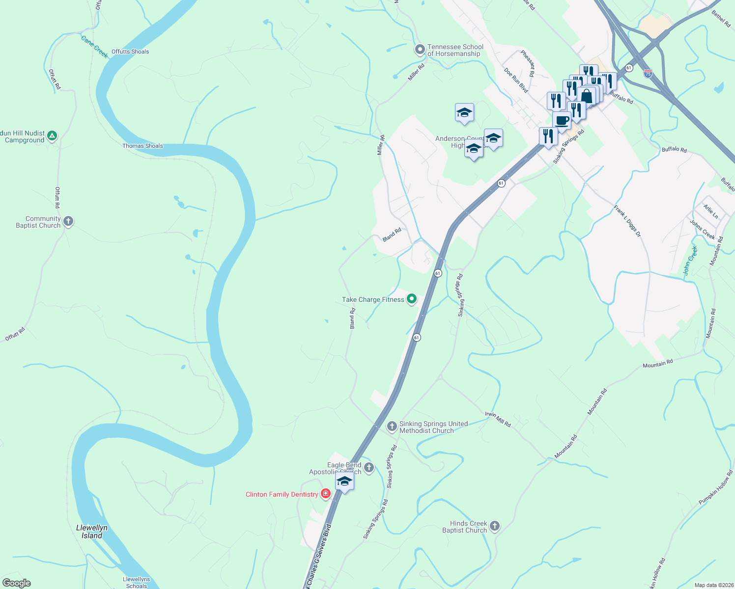 map of restaurants, bars, coffee shops, grocery stores, and more near 362 Bland Road in Clinton