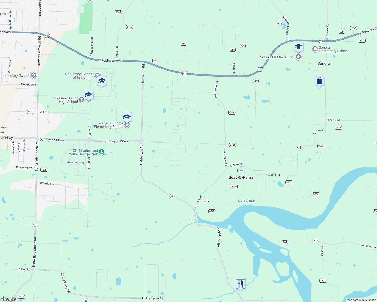 map of restaurants, bars, coffee shops, grocery stores, and more near Horn Lane in Springdale