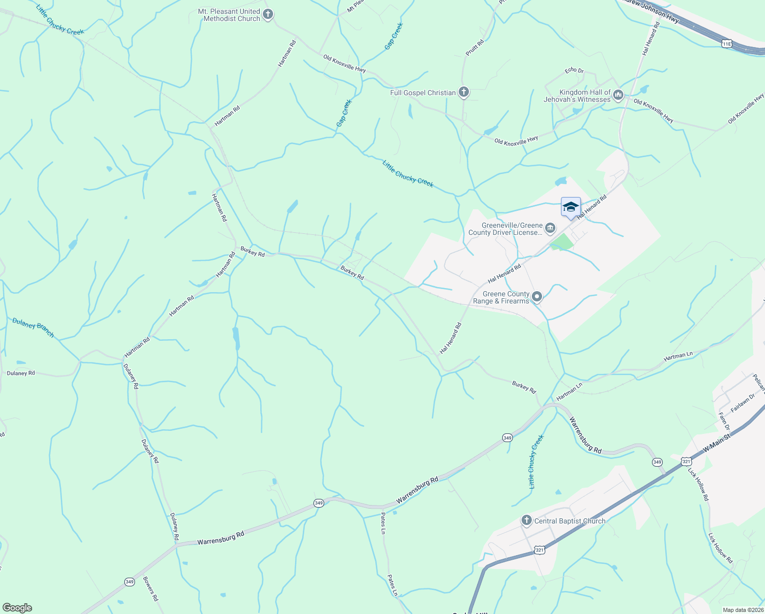 map of restaurants, bars, coffee shops, grocery stores, and more near 900 Burkey Road in Greeneville