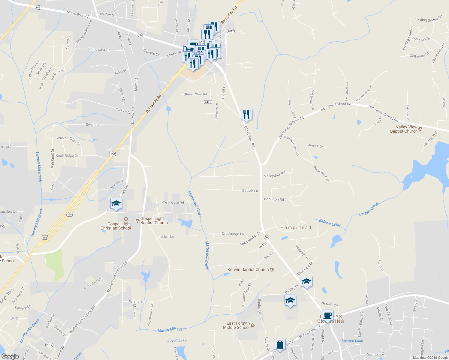map of restaurants, bars, coffee shops, grocery stores, and more near 5029 Roberson Farm Road in Kernersville