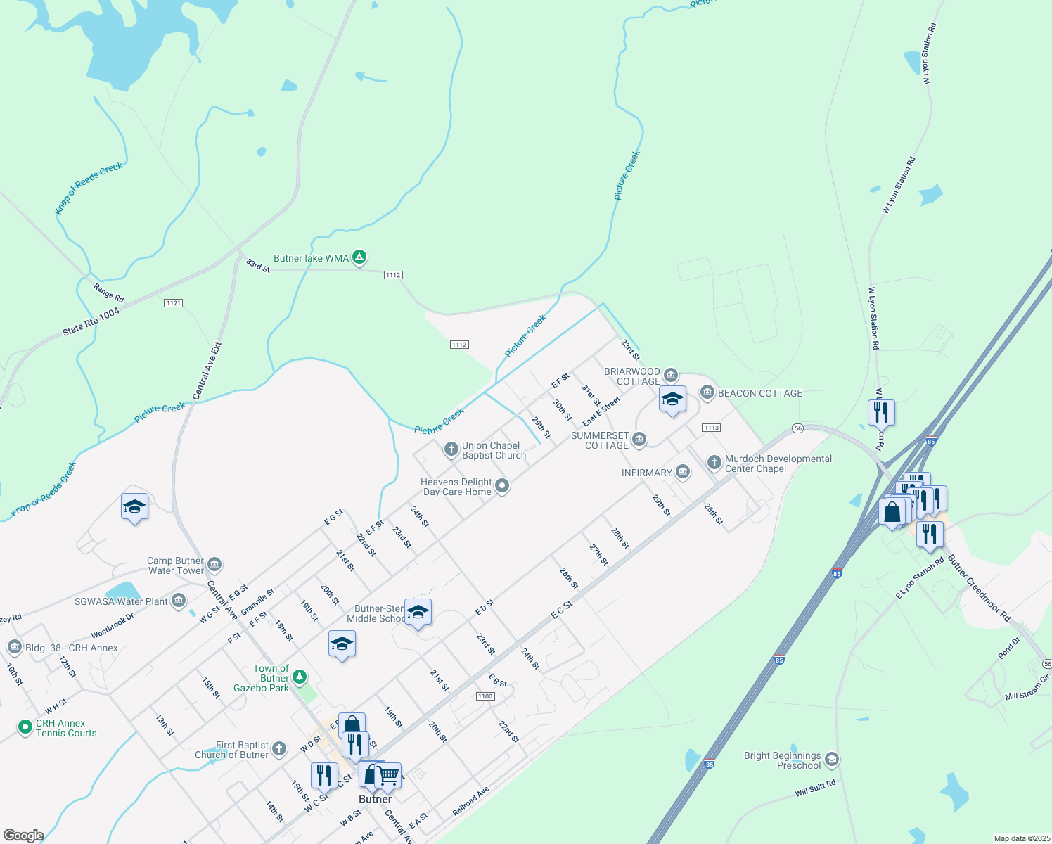 map of restaurants, bars, coffee shops, grocery stores, and more near 613 29th Street in Butner