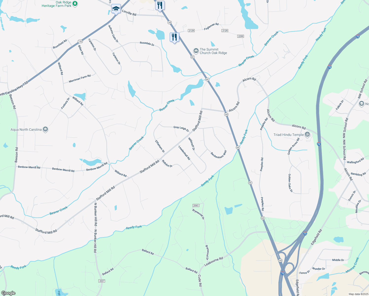 map of restaurants, bars, coffee shops, grocery stores, and more near 5008 Leadenhall Road in Oak Ridge