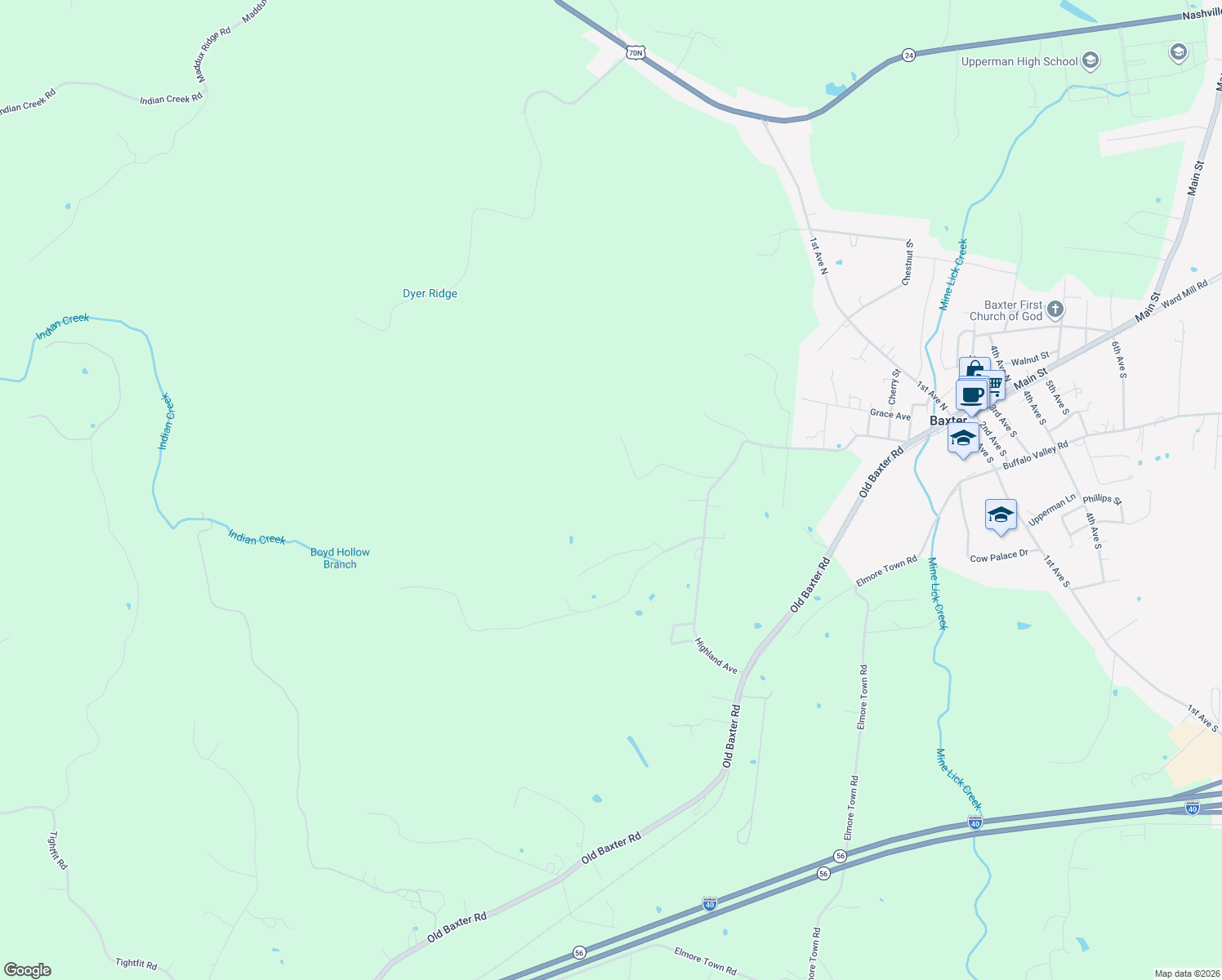 map of restaurants, bars, coffee shops, grocery stores, and more near 1028 Eagles Nest Road in Baxter