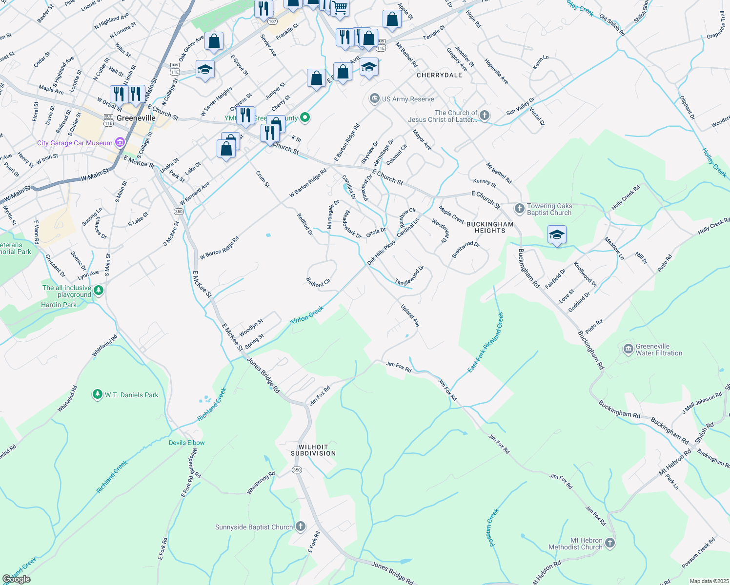 map of restaurants, bars, coffee shops, grocery stores, and more near 1298 Christy Court in Greeneville