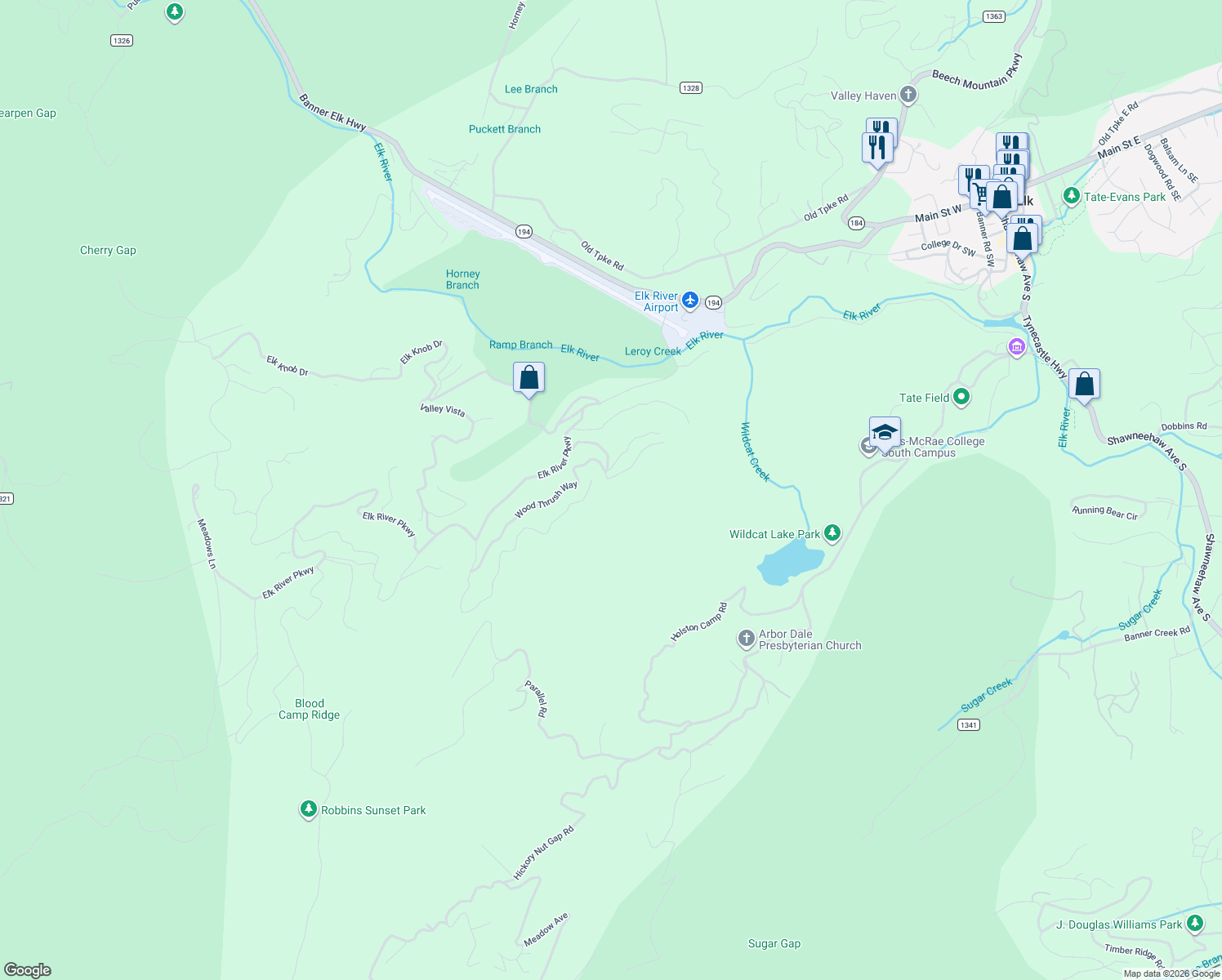 map of restaurants, bars, coffee shops, grocery stores, and more near 3 Rockridge Court in Banner Elk