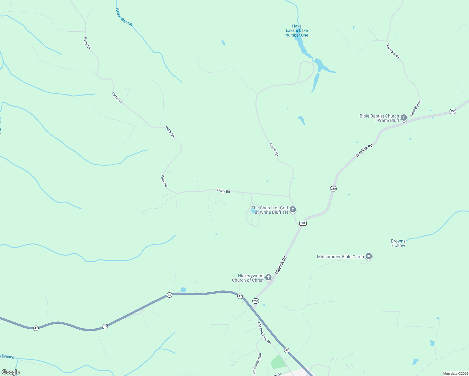 map of restaurants, bars, coffee shops, grocery stores, and more near 1164A Petty Road in White Bluff