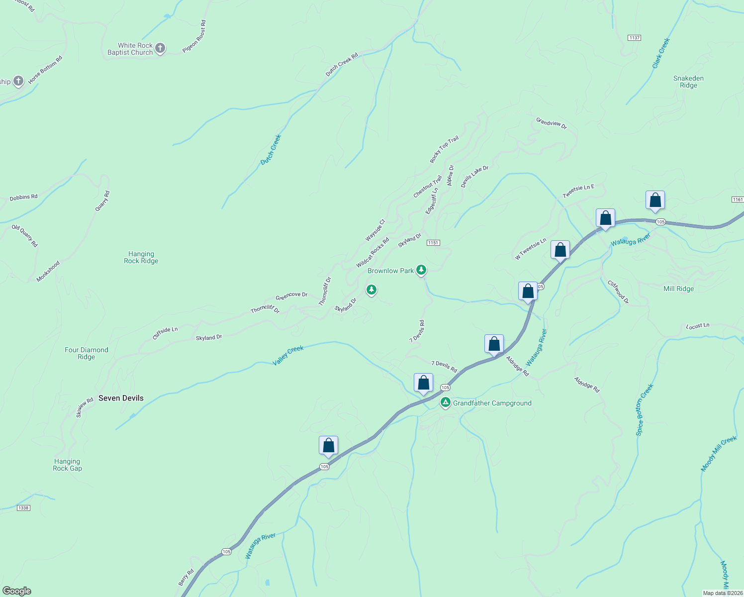 map of restaurants, bars, coffee shops, grocery stores, and more near 100 Grande View Court in Seven Devils