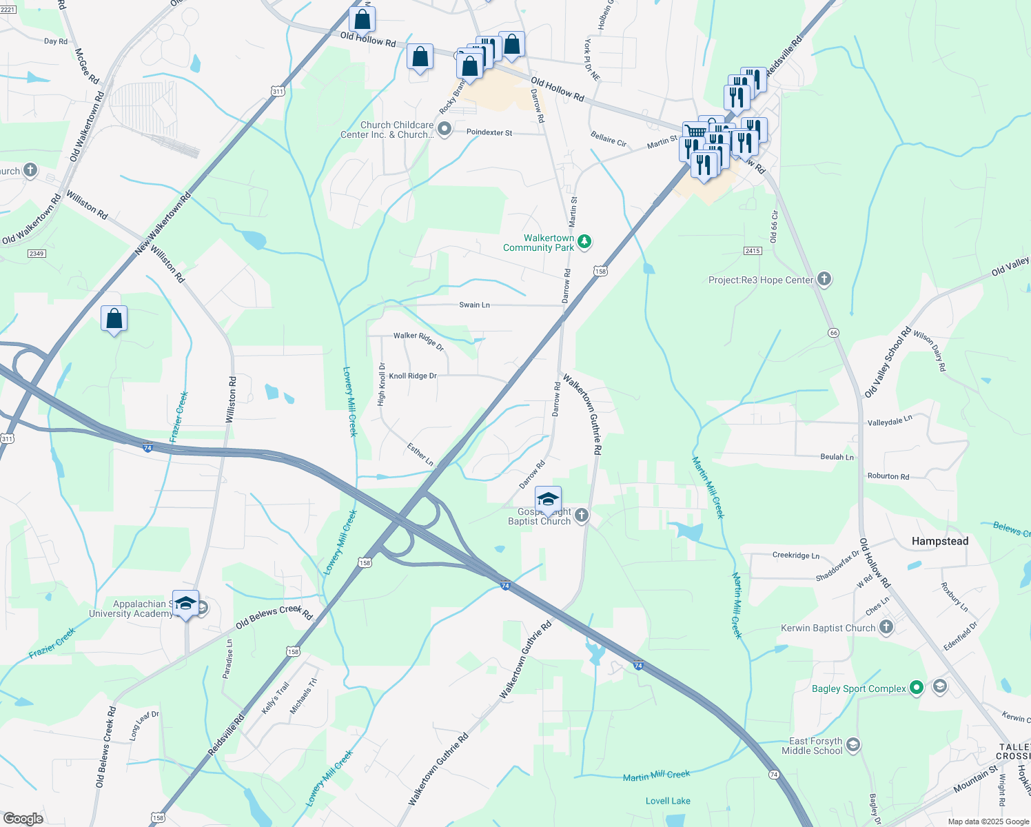 map of restaurants, bars, coffee shops, grocery stores, and more near 4926 Reidsville Road in Walkertown