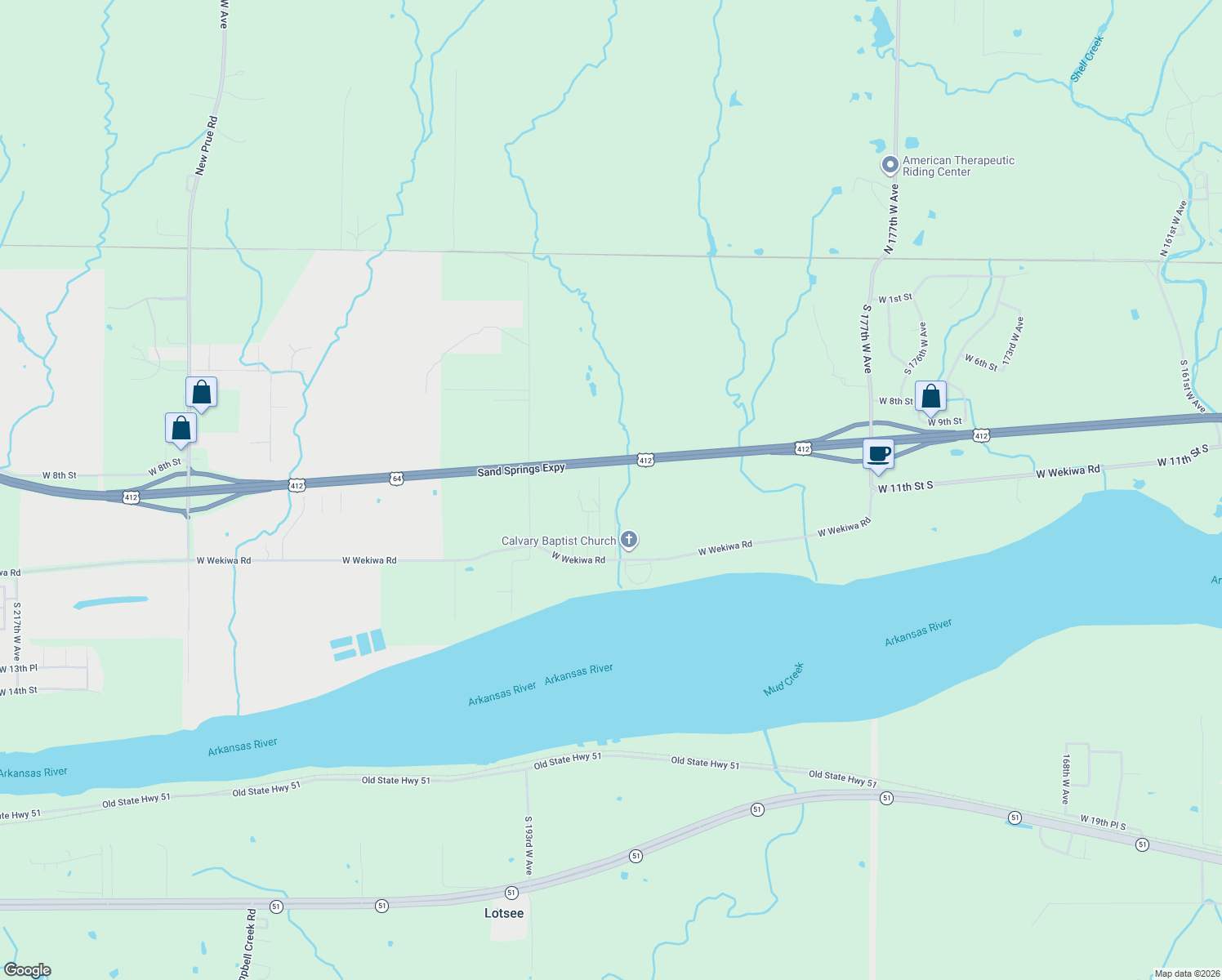 map of restaurants, bars, coffee shops, grocery stores, and more near 906 South 189th West Avenue in Sand Springs