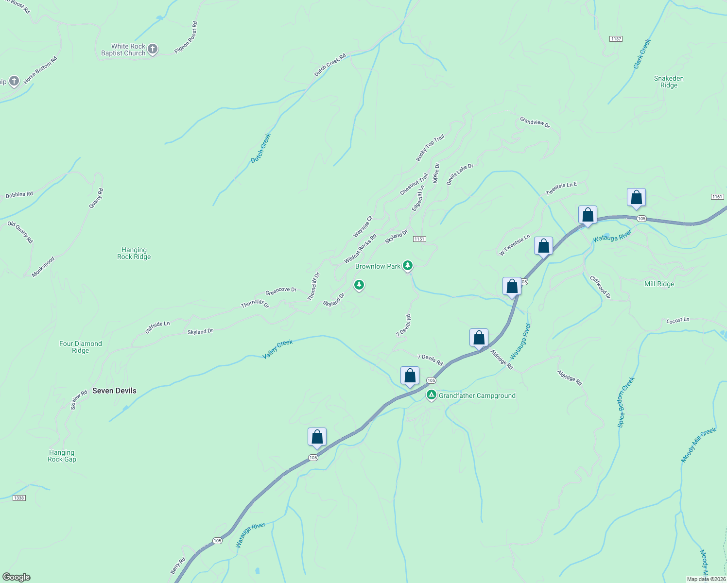 map of restaurants, bars, coffee shops, grocery stores, and more near 100 Grande View Court in Seven Devils