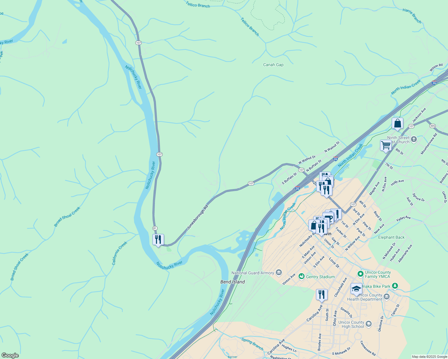 map of restaurants, bars, coffee shops, grocery stores, and more near 501 Huskins Cir in Erwin