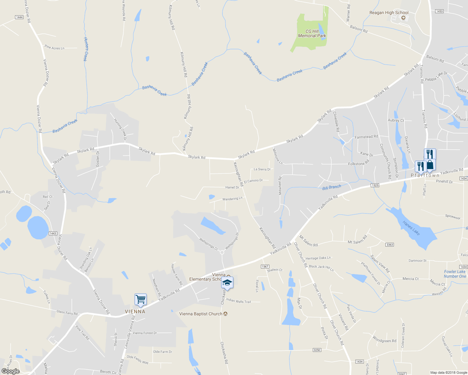 map of restaurants, bars, coffee shops, grocery stores, and more near 6429 Harrell Drive in Pfafftown