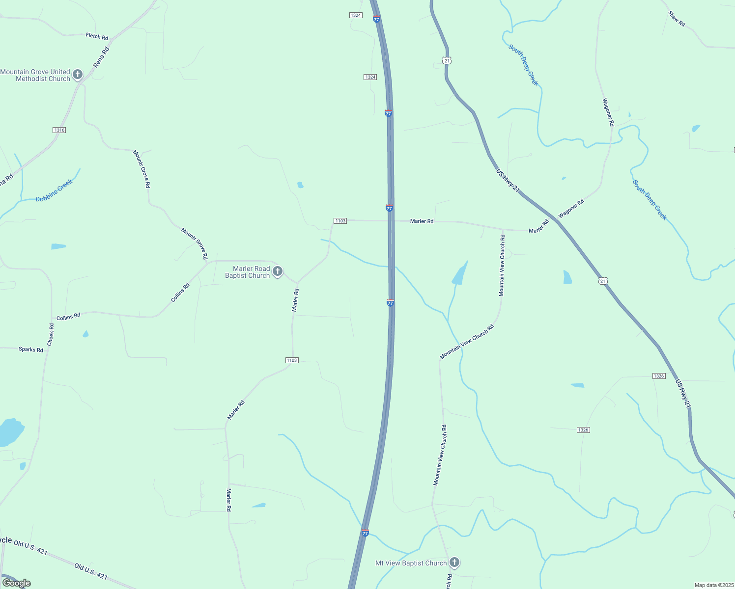 map of restaurants, bars, coffee shops, grocery stores, and more near 1112 Lucky Lane in Hamptonville