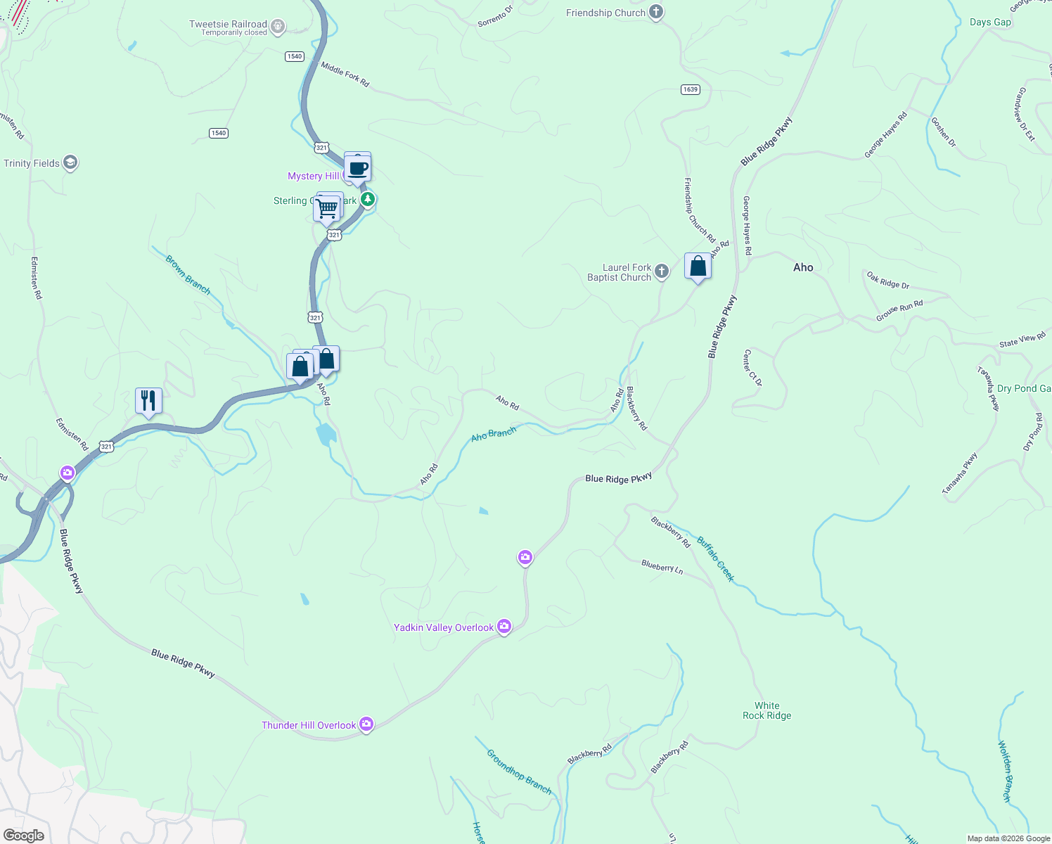 map of restaurants, bars, coffee shops, grocery stores, and more near 290 Cobble Creek Lane in Boone