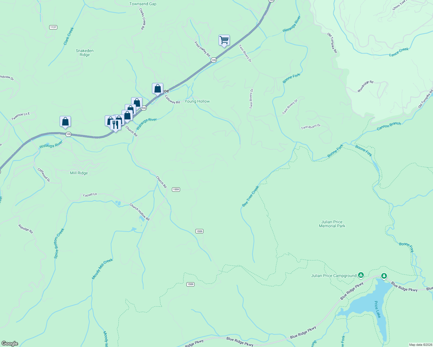 map of restaurants, bars, coffee shops, grocery stores, and more near 181 Shiloh Ridge Road in Boone