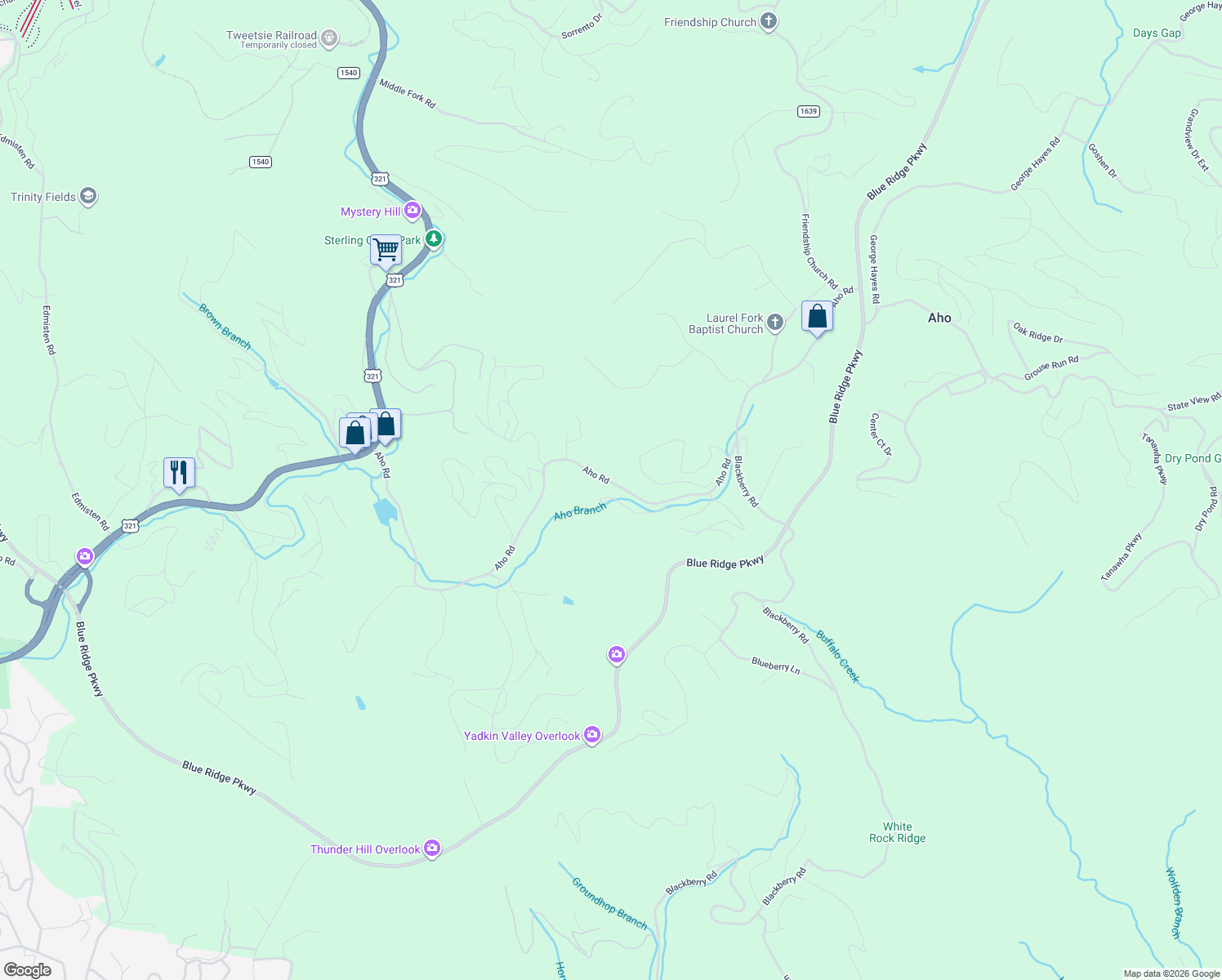 map of restaurants, bars, coffee shops, grocery stores, and more near 290 Cobble Creek Lane in Boone