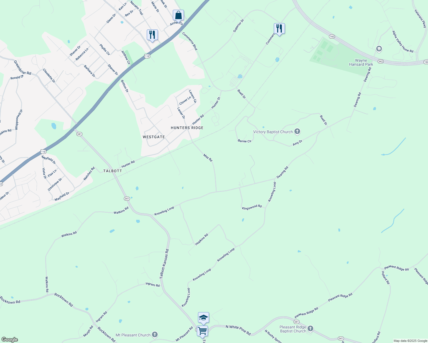 map of restaurants, bars, coffee shops, grocery stores, and more near 2535 May Rd in Jefferson
