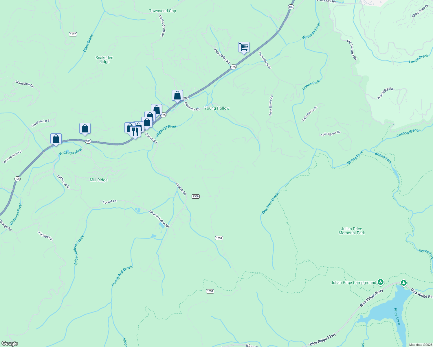map of restaurants, bars, coffee shops, grocery stores, and more near 500 Old Keller Farm Road in Boone
