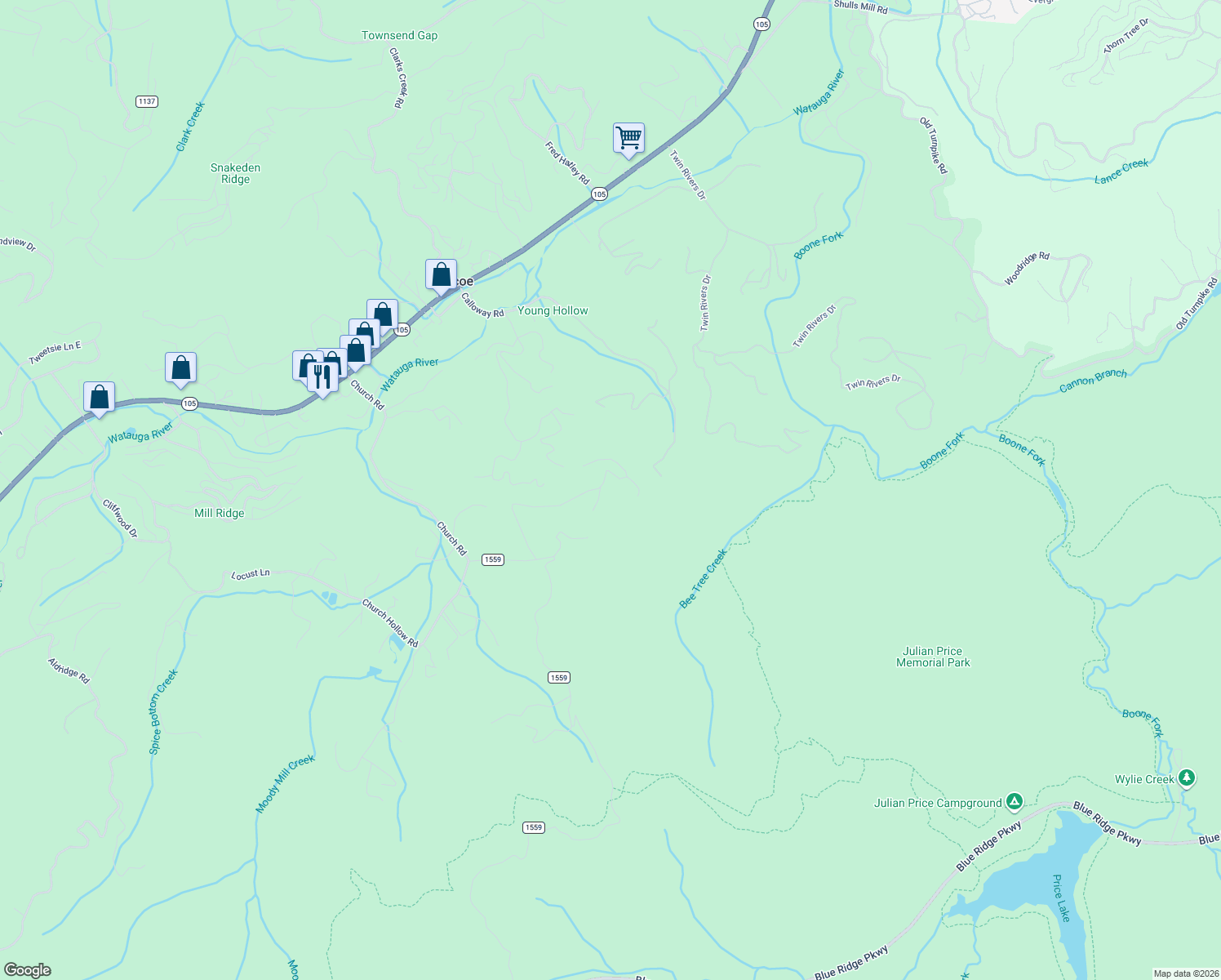 map of restaurants, bars, coffee shops, grocery stores, and more near 606 Jackson Ridge Road in Boone