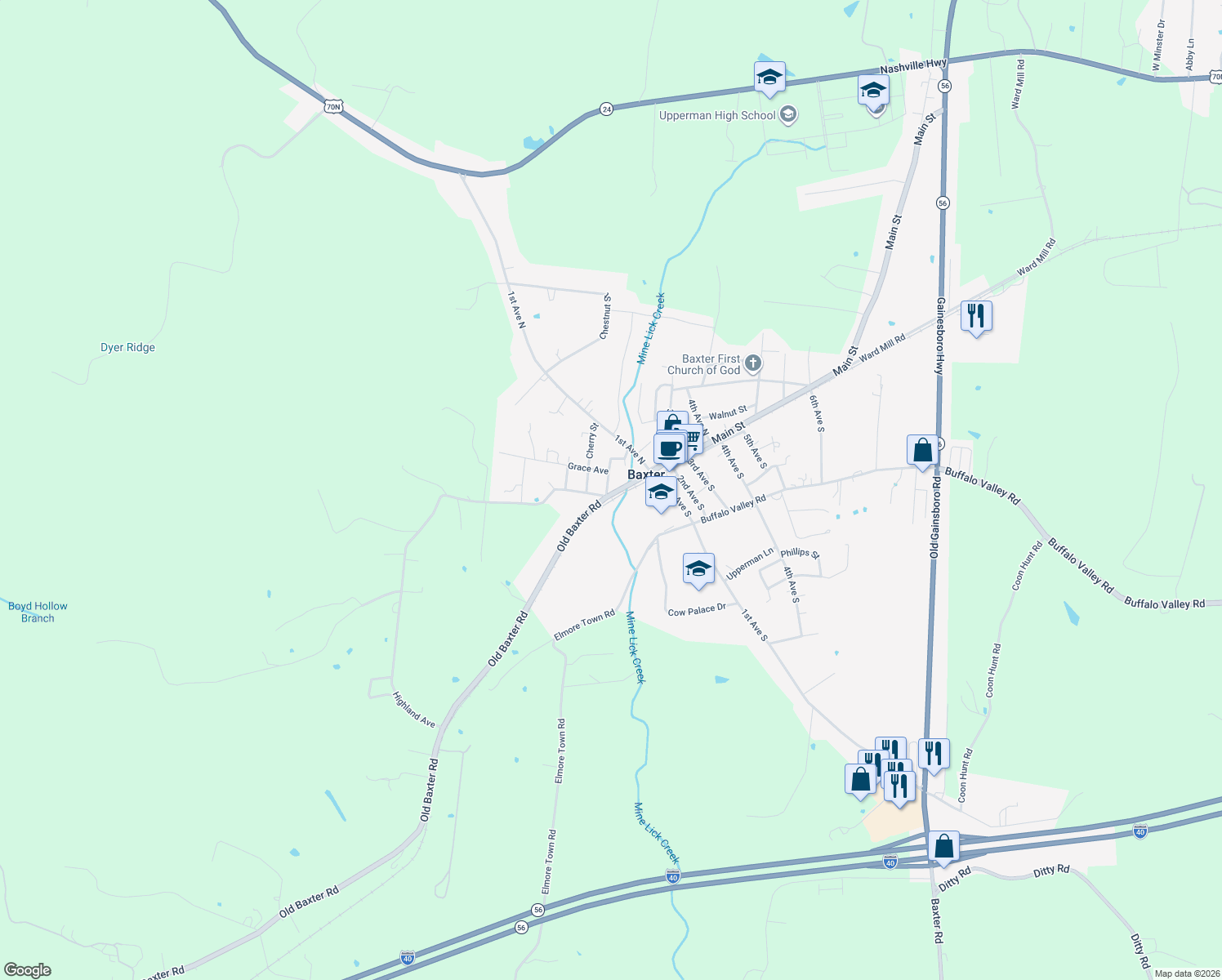 map of restaurants, bars, coffee shops, grocery stores, and more near 224 Peach Street in Baxter