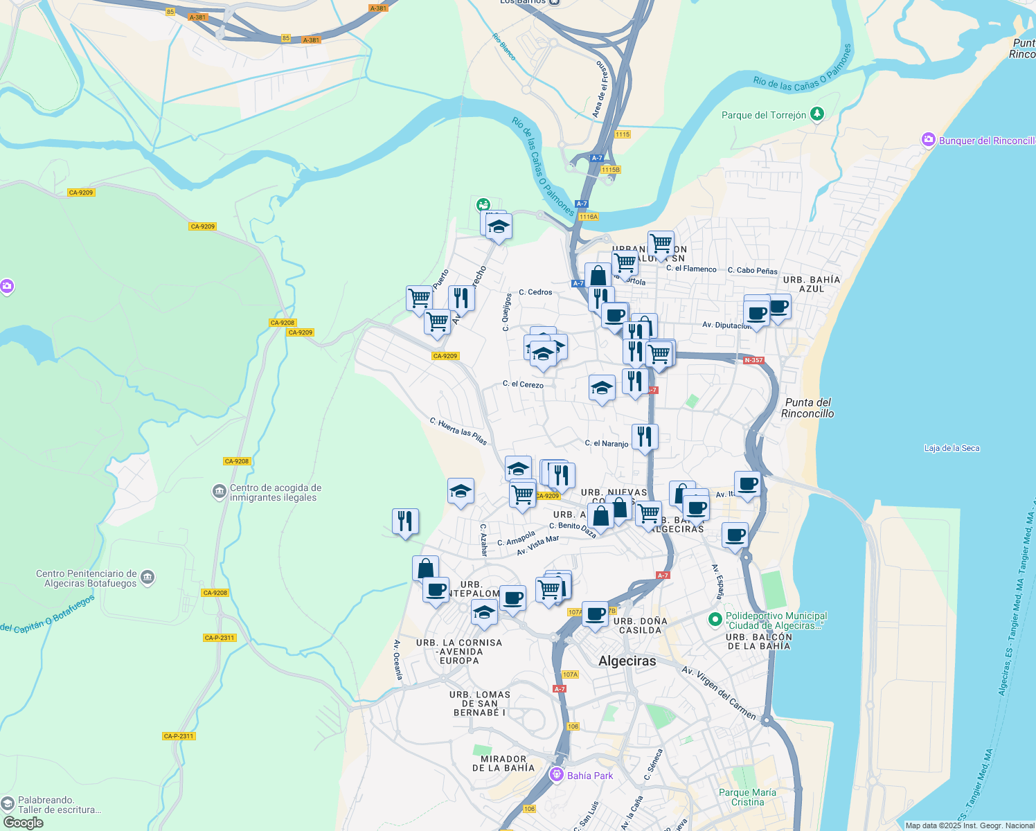 map of restaurants, bars, coffee shops, grocery stores, and more near 25R Calle la Parra in Algeciras