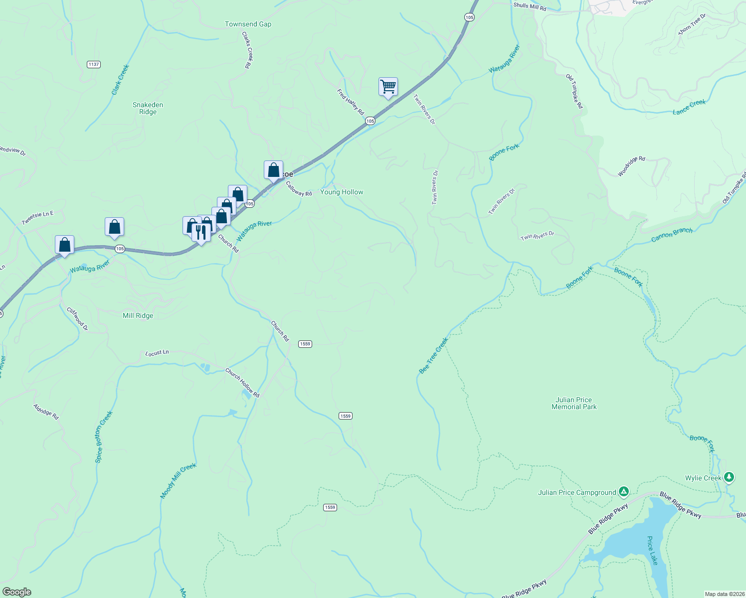 map of restaurants, bars, coffee shops, grocery stores, and more near 606 Jackson Ridge Road in Boone