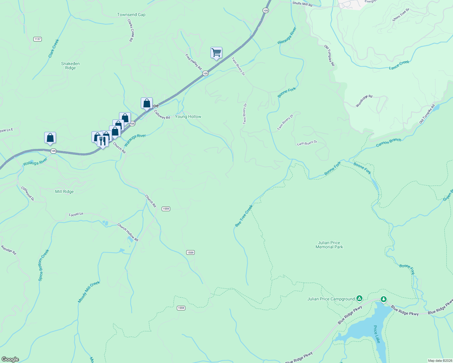map of restaurants, bars, coffee shops, grocery stores, and more near 307 Grouse Hollow Road in Boone