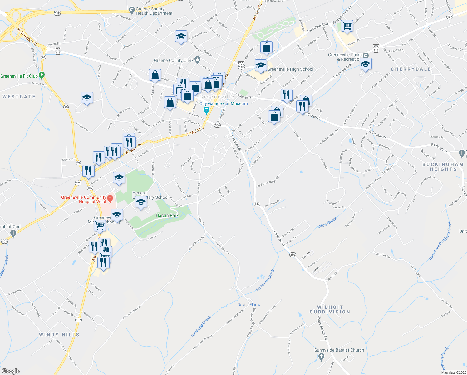 map of restaurants, bars, coffee shops, grocery stores, and more near 324 Paul Street in Greeneville