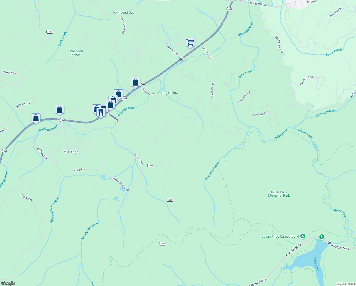 map of restaurants, bars, coffee shops, grocery stores, and more near 606 Jackson Ridge Road in Boone