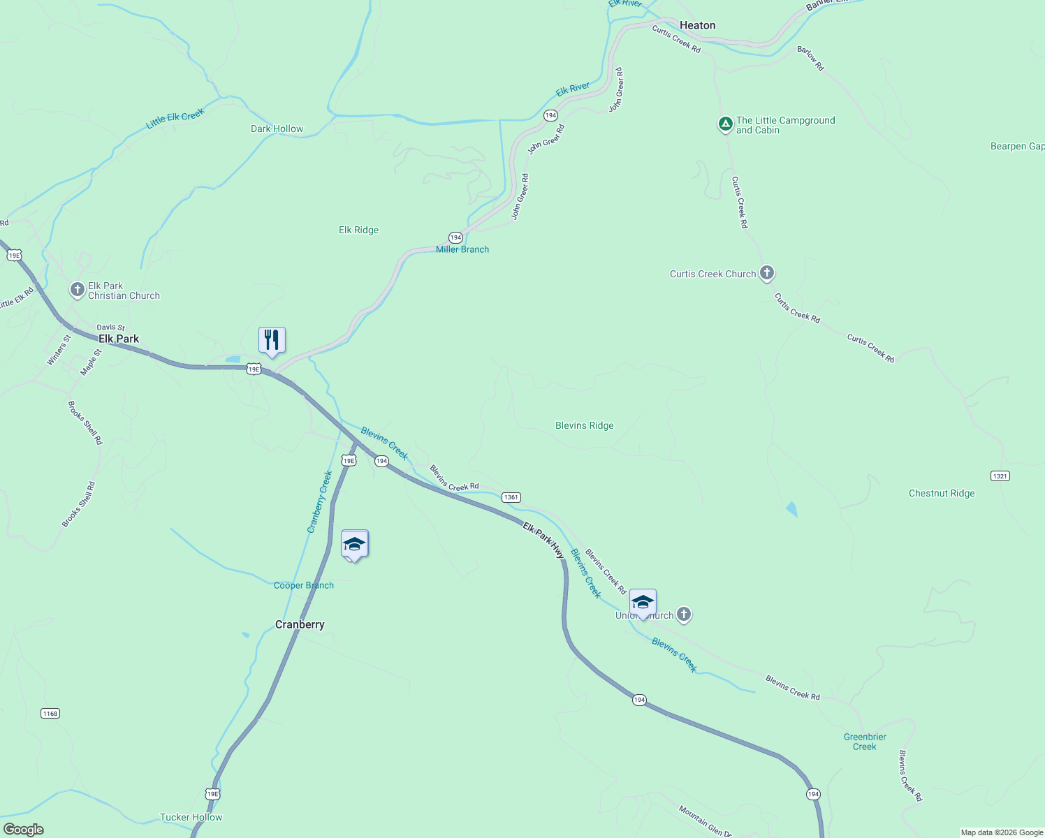 map of restaurants, bars, coffee shops, grocery stores, and more near 150 Cranberry Lane in Elk Park