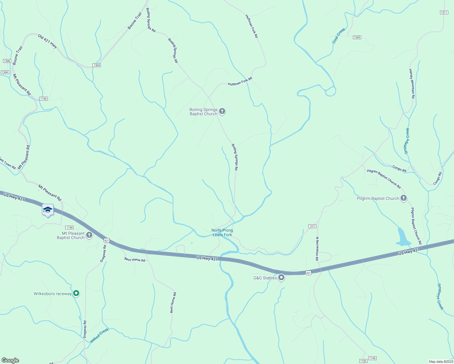 map of restaurants, bars, coffee shops, grocery stores, and more near 815 Boiling Springs Road in Purlear
