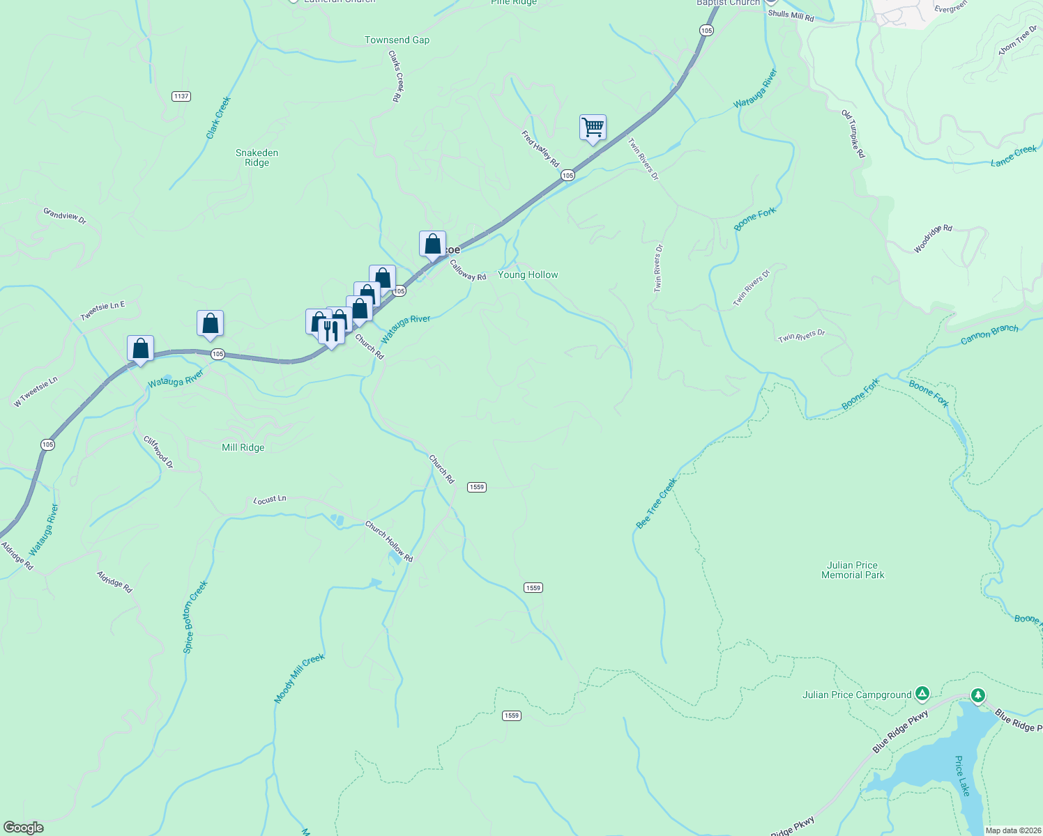 map of restaurants, bars, coffee shops, grocery stores, and more near 500 Old Keller Farm Road in Boone