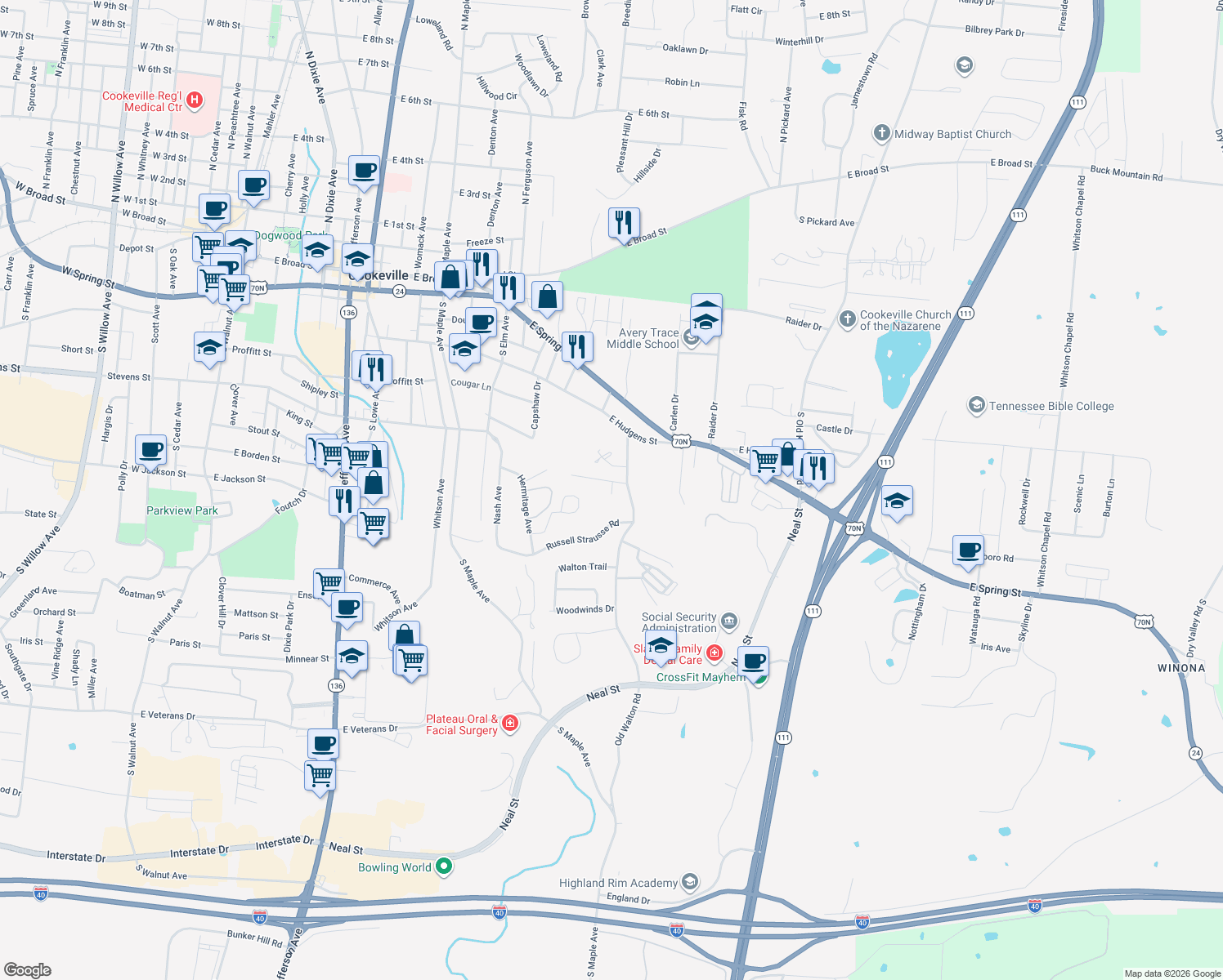 map of restaurants, bars, coffee shops, grocery stores, and more near 975 Llana Lane in Cookeville