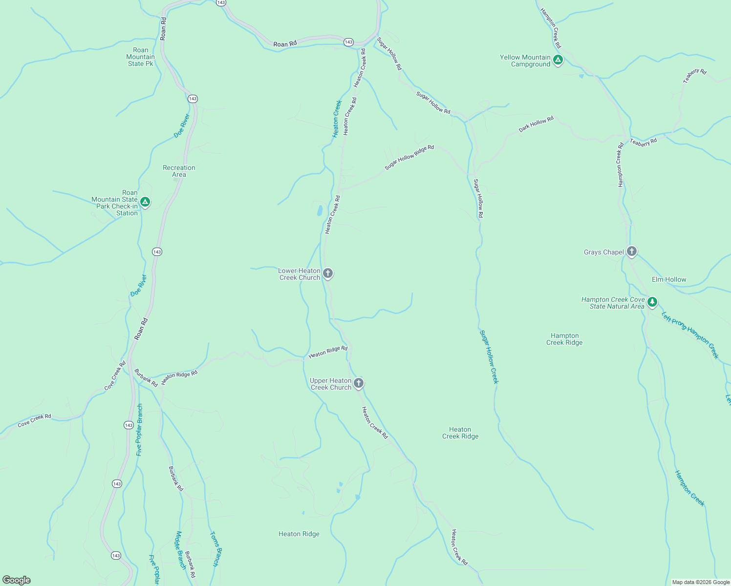 map of restaurants, bars, coffee shops, grocery stores, and more near 385 Heaton Creek Road in Roan Mountain
