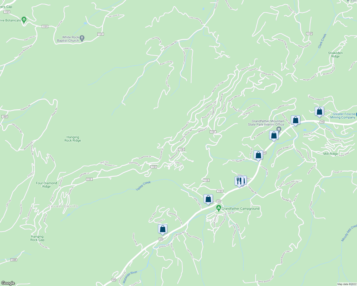 map of restaurants, bars, coffee shops, grocery stores, and more near 475 Wildcat Rocks Road in Seven Devils