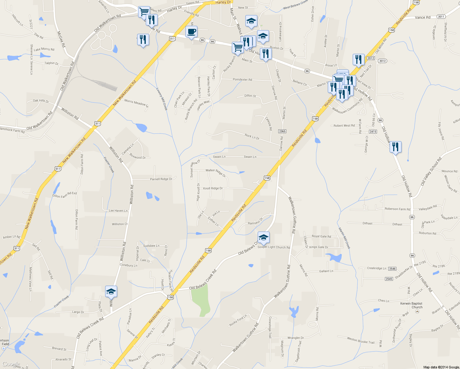 map of restaurants, bars, coffee shops, grocery stores, and more near 3201 Knoll Ridge Drive in Walkertown