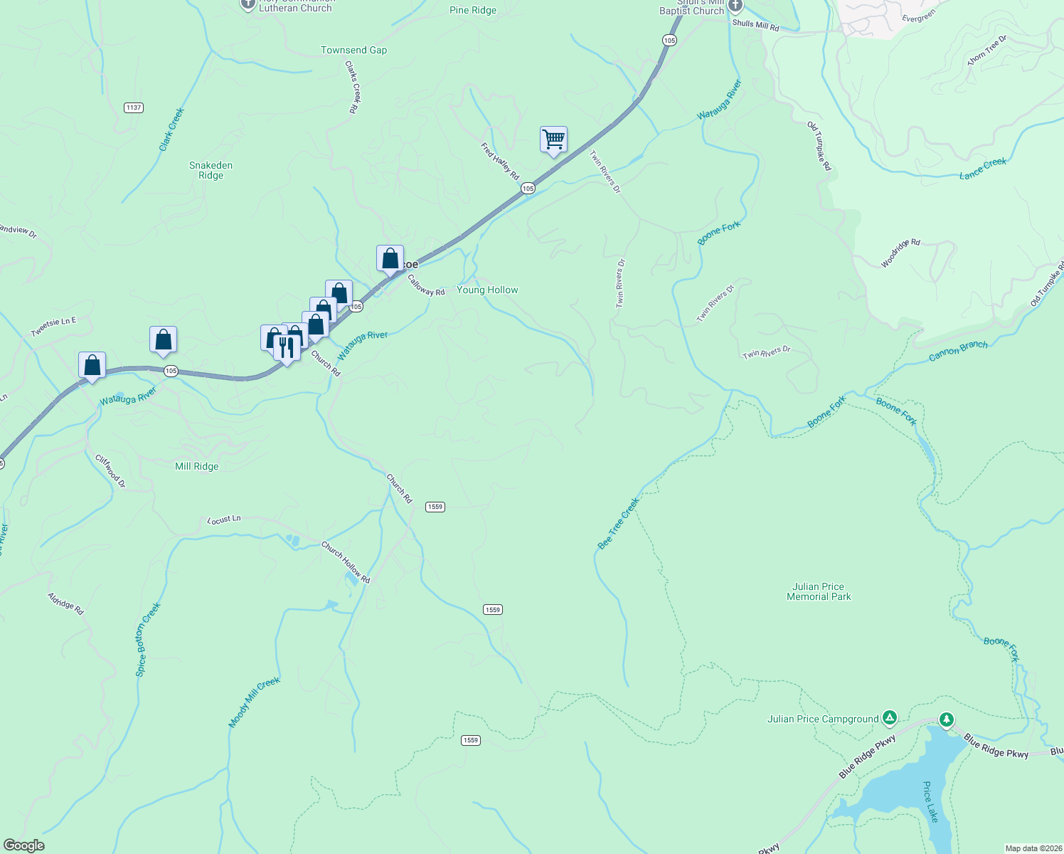 map of restaurants, bars, coffee shops, grocery stores, and more near 779 Jackson Ridge Road in Boone
