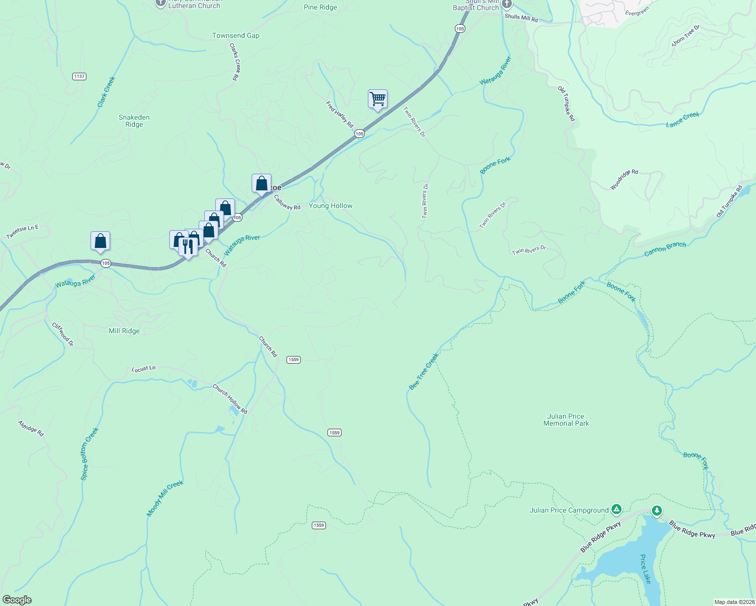 map of restaurants, bars, coffee shops, grocery stores, and more near 307 Grouse Hollow Road in Boone
