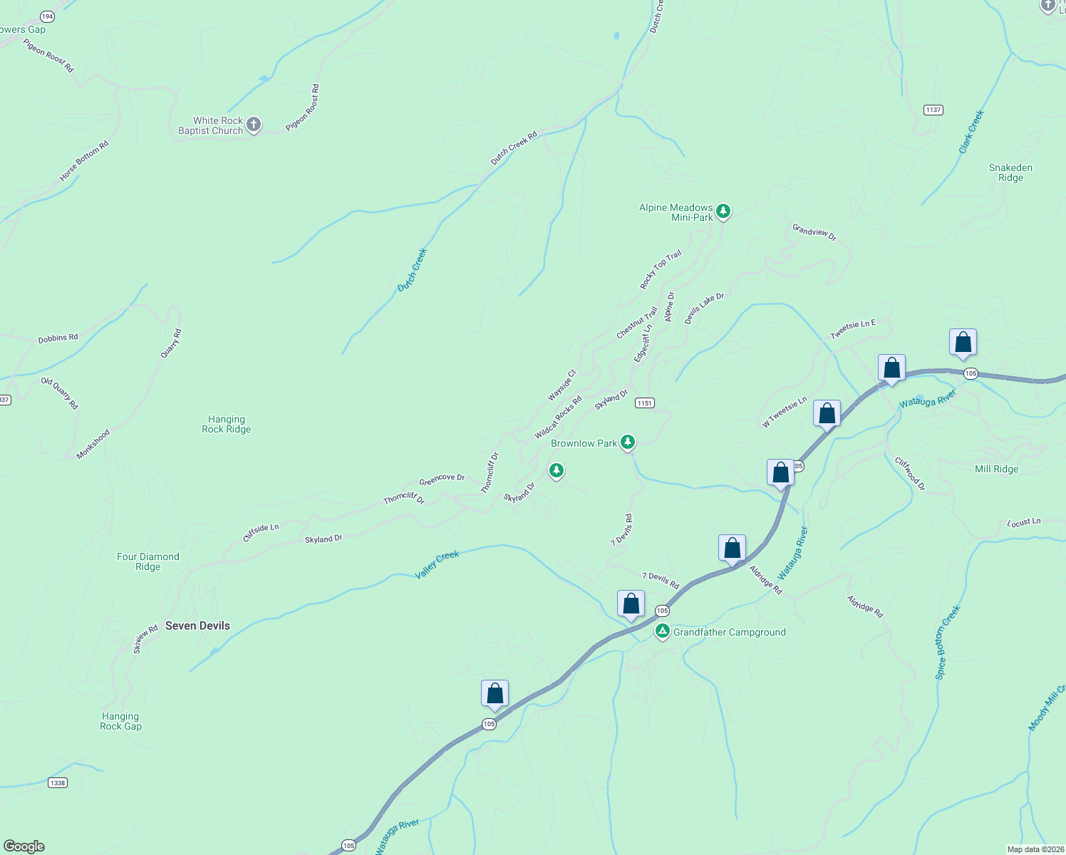 map of restaurants, bars, coffee shops, grocery stores, and more near 142 Wayside Court in Seven Devils