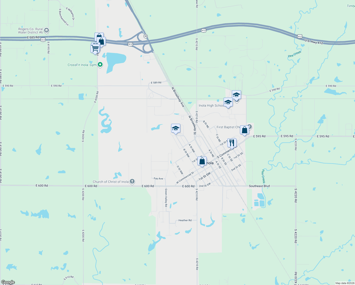 map of restaurants, bars, coffee shops, grocery stores, and more near 390 B Street Northwest in Inola