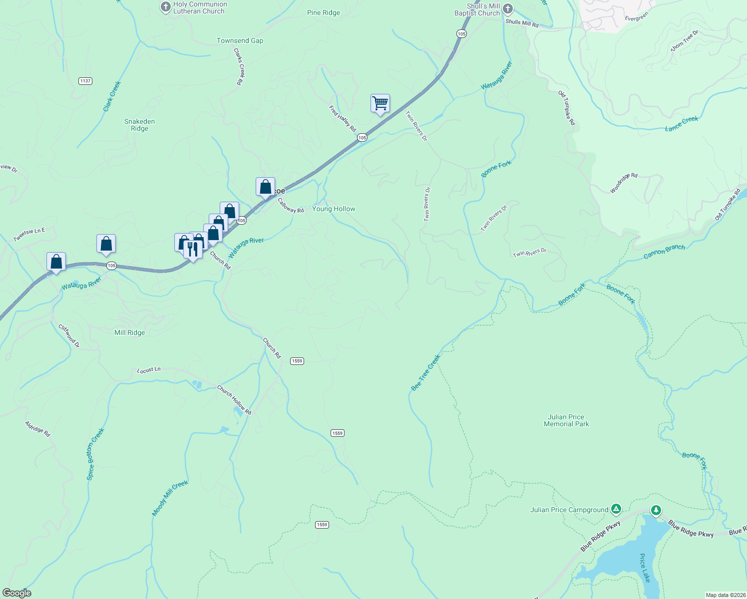 map of restaurants, bars, coffee shops, grocery stores, and more near 779 Jackson Ridge Road in Boone