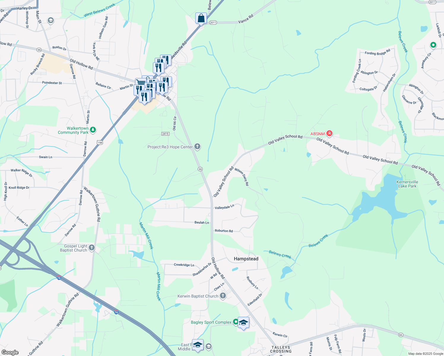 map of restaurants, bars, coffee shops, grocery stores, and more near 5525 Old Valley School Road in Kernersville