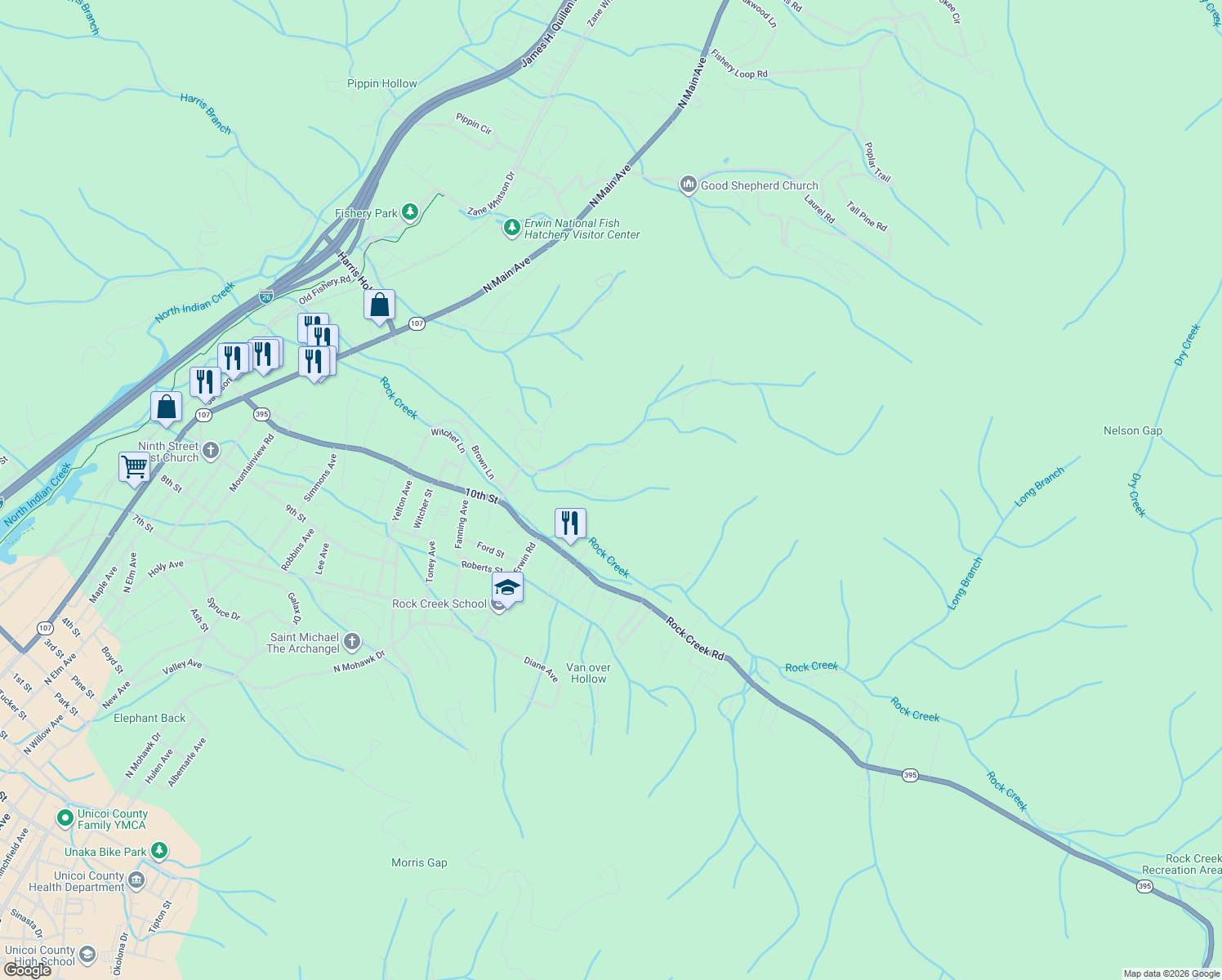 map of restaurants, bars, coffee shops, grocery stores, and more near 555 Blaine White Rd in Erwin