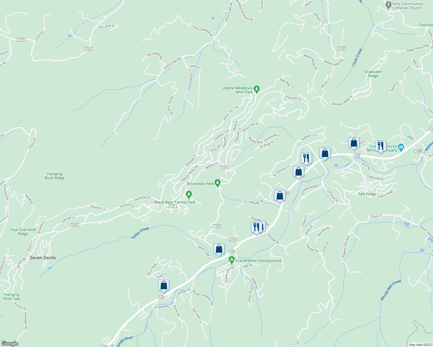 map of restaurants, bars, coffee shops, grocery stores, and more near 220 Skyland Drive in Blowing Rock